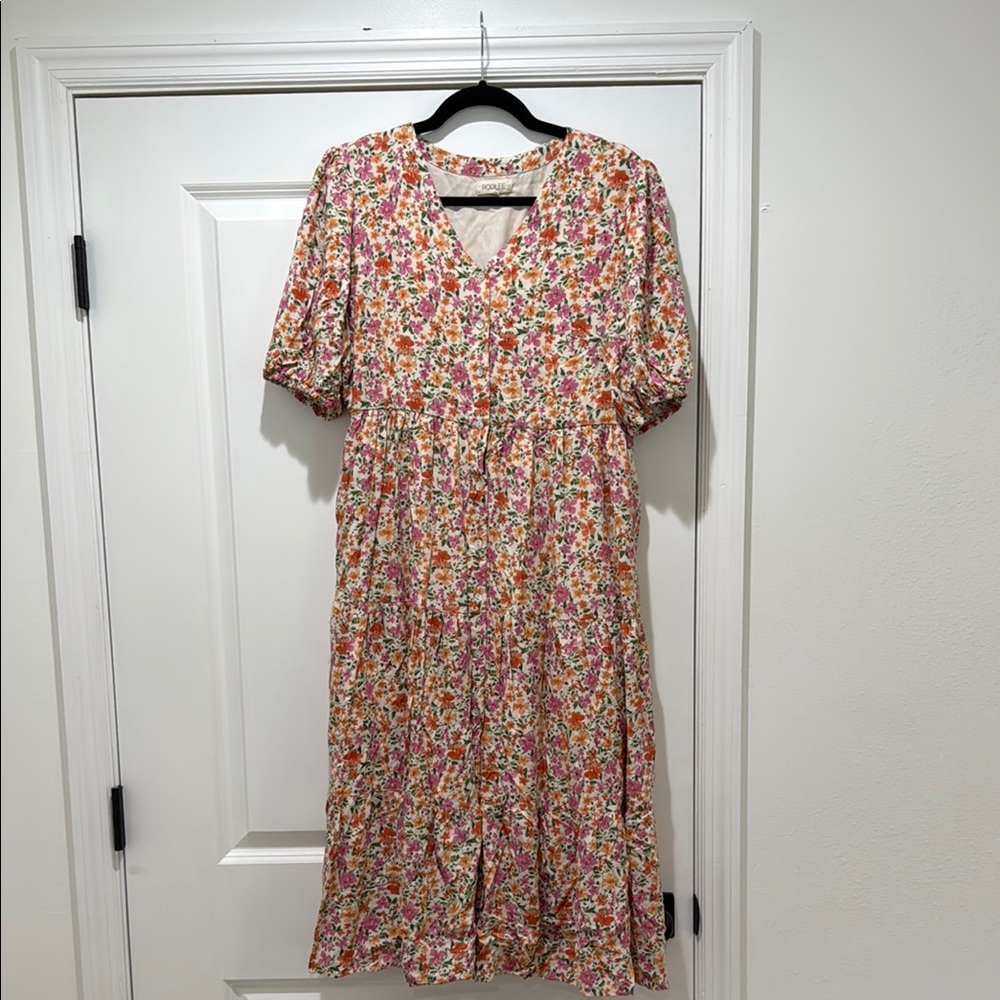 Roolee Floral Midi Dress in Pink, Orange, Green
